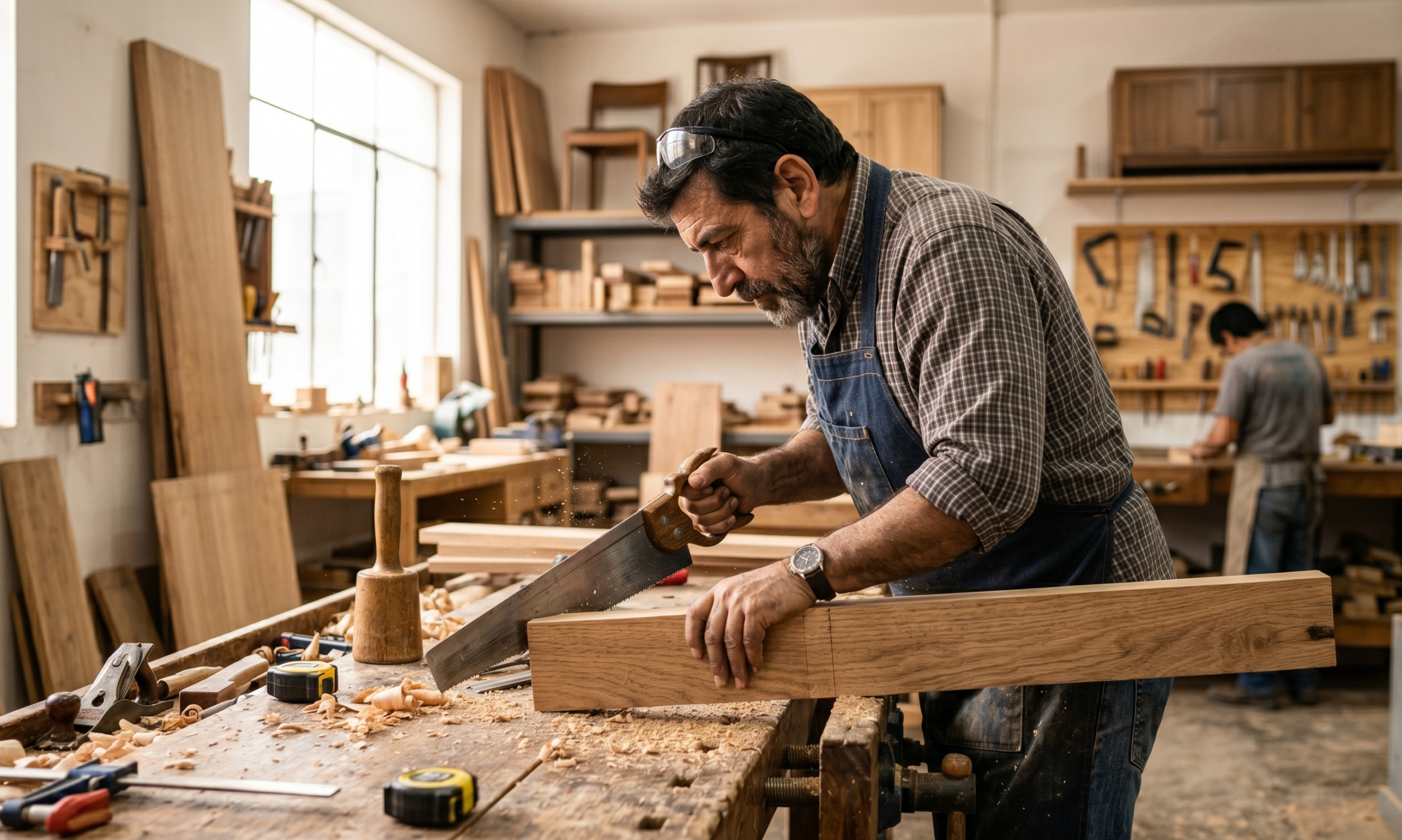 Maestro artesano trabajando en la carpintería de madera